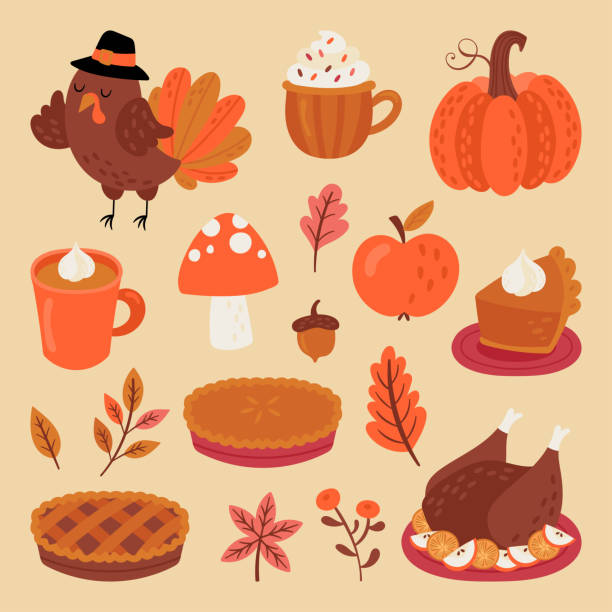 illustrations, cliparts, dessins animés et icônes de thanksgiving vacances éléments mignons ensemble. impression enfantine pour cartes, autocollants et invitations à la fête. - thanksgiving turkey illustrations