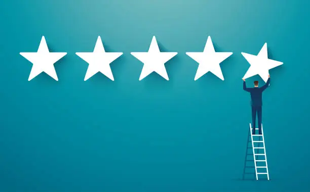 Vector illustration of man on ledder giving five star rating. feedback concept vector illustration