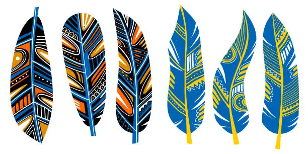Vector illustration of Tribal feather. Collection of feathers for decoration. Print for clothes, retro business cards, picture banner for websites. Vintage decorative elements. Hand colorful painting vector illustration