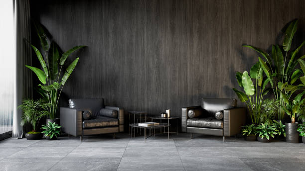 istock Black interior with armchairs, plants and coffee table. 3d render illustration mock up. 1272362412