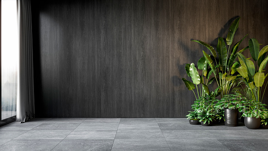Interior negro con panel de pared de madera y plantas. Maqueta de ilustración de renderización 3d. photo
