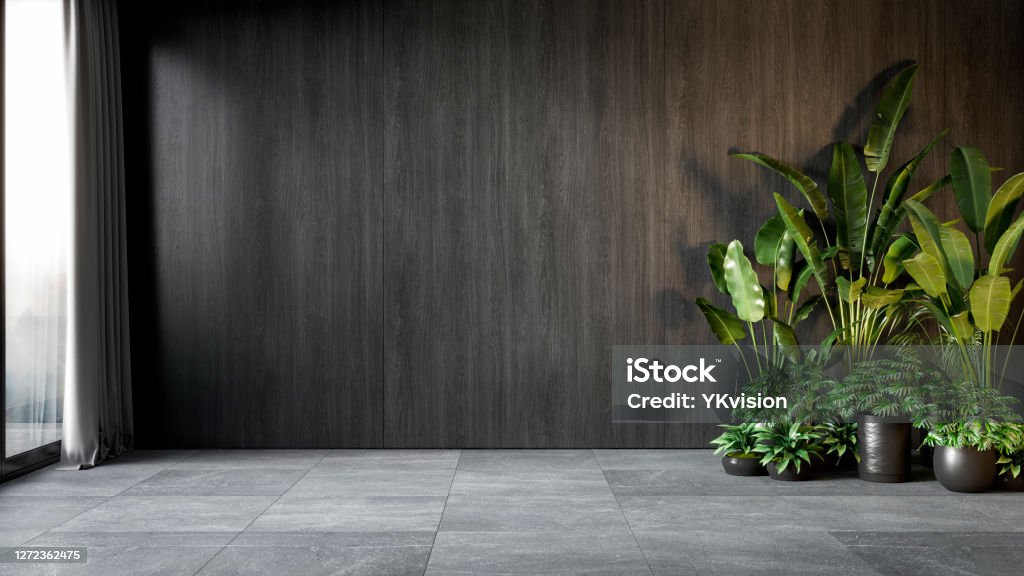 Interior negro con panel de pared de madera y plantas. Maqueta de ilustración de renderización 3d. - Foto de stock de Oficina libre de derechos