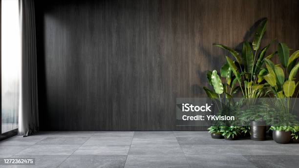 Interior Negro Con Panel De Pared De Madera Y Plantas Maqueta De Ilustración De Renderización 3d Foto de stock y más banco de imágenes de Oficina