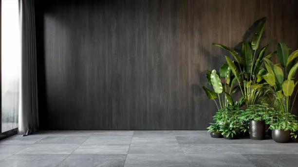 Black interior with wood wall panel and plants. 3d render illustration mock up.