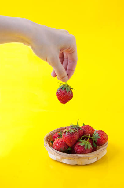 istock A woman's hand holds strawberries from a wicker basket on a yellow background 1272362658