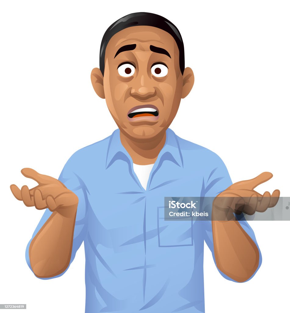 Confused Young Man Shrugging Shoulders Stock Illustration - Download Image  Now - Men, African Ethnicity, Cartoon - iStock