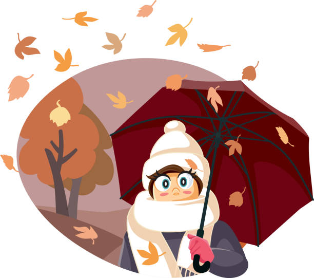 illustrazioni stock, clip art, cartoni animati e icone di tendenza di divertente ragazza autunnale sensazione di freddo tenendo l'ombrello - scarf blowing women autumn