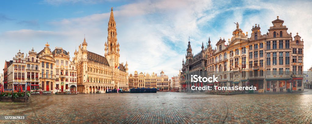 Brussels - panorama of Grand place at sunrise, Belgium Brussels-Capital Region Stock Photo