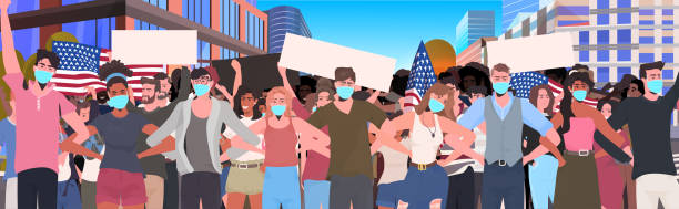ilustrações, clipart, desenhos animados e ícones de misturar multidão de pessoas raça em máscaras segurando bandeira vazia bandeira celebração coronavirus quarentena - placard holding celebration women