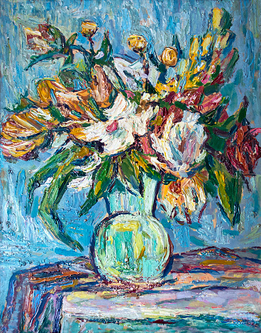 Still Life with Flowers in a Vase. Oil painting