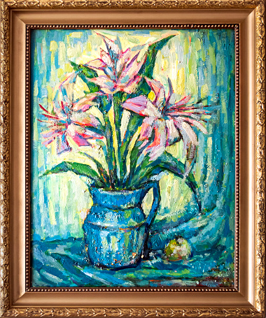 Still life hand made oil painting in a white frame depicting flowers bouquet in a vase, impressionism style.
