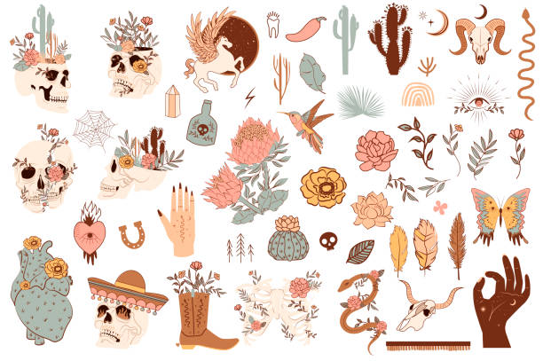 illustrazioni stock, clip art, cartoni animati e icone di tendenza di set di simpatici oggetti del messico e del selvaggio west - skull tattoo vector flower