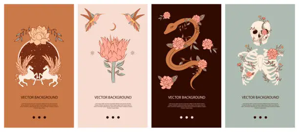 Vector illustration of Set of vertical background with Mystical and Mexico elements.