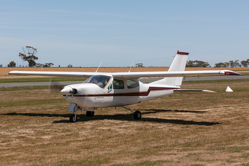Lethbridge, Australia - November 23, 2014: Cessna 177RG Cardinal single engine light aircraft VH-RKH taxiing at Lethbridge airfield.