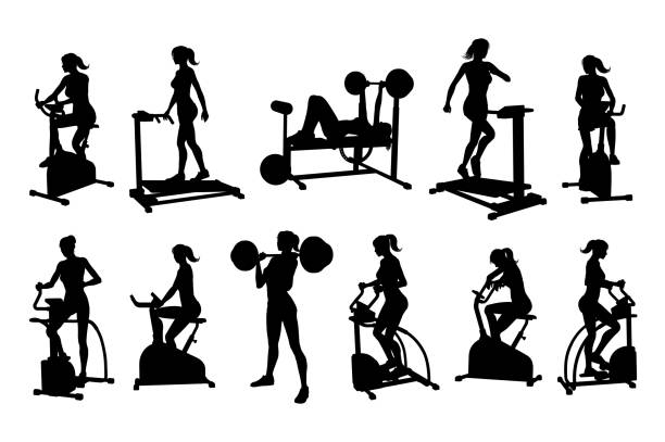 Gym Fitness Equipment Woman Silhouettes Set A woman in silhouette using pieces of gym fitness equipment and machines set gym silhouettes stock illustrations