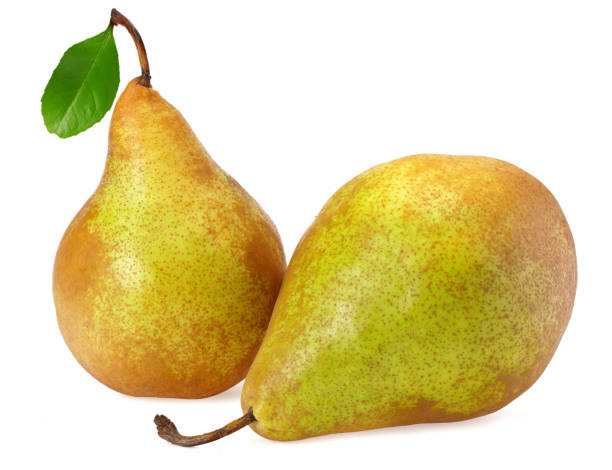 istock ripe green pears with leaf isolated on white background. 1272374338