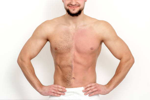 uomo a petto nudo prima e dopo la ceretta dei capelli - hairy men shaving chest foto e immagini stock