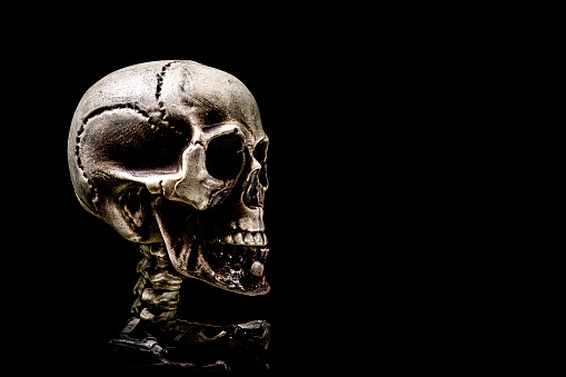 Human skeleton skull in dramatic low key light, corona covid-19 against pitch black background