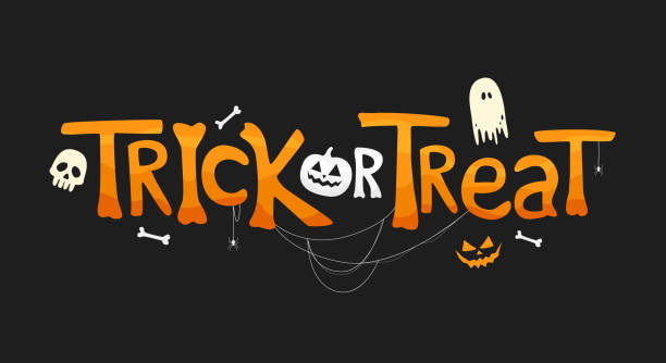 trick or treat text with traditional elements. urlaub illustration auf schwarzem hintergrund. - trick or treat stock-grafiken, -clipart, -cartoons und -symbole