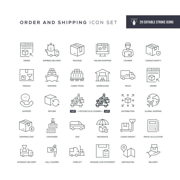 Order and Shipping Editable Stroke Line Icons 29 Order and Shipping Icons - Editable Stroke - Easy to edit and customize - You can easily customize the stroke with freight transportation stock illustrations