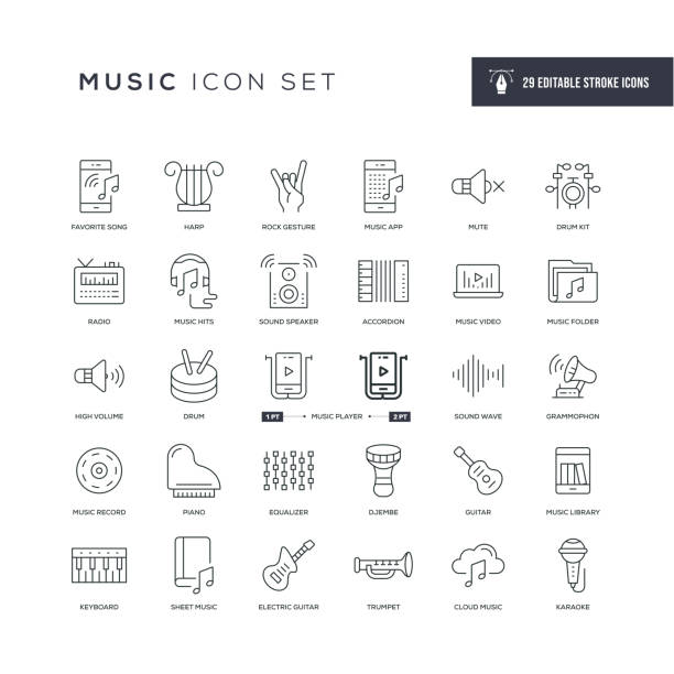 Music Editable Stroke Line Icons 29 Music Icons - Editable Stroke - Easy to edit and customize - You can easily customize the stroke with music icons stock illustrations