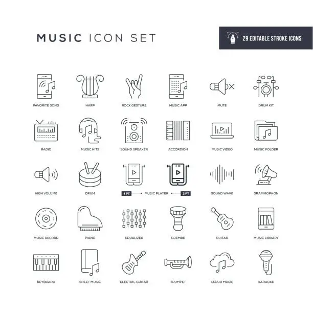 Vector illustration of Music Editable Stroke Line Icons