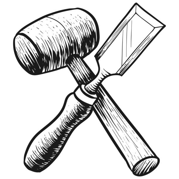 Chisel and mallet icon in sketch style. Chisel and mallet icon in sketch style. Woodworking tool vector illustration. carpenter stock illustrations