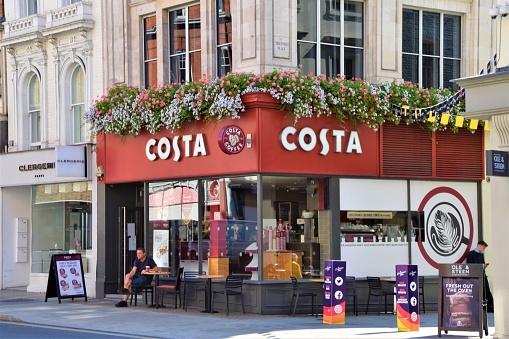 London, United Kingdom - September 13 2020: Costa Coffee shop exterior on Wigmore Street, Central London