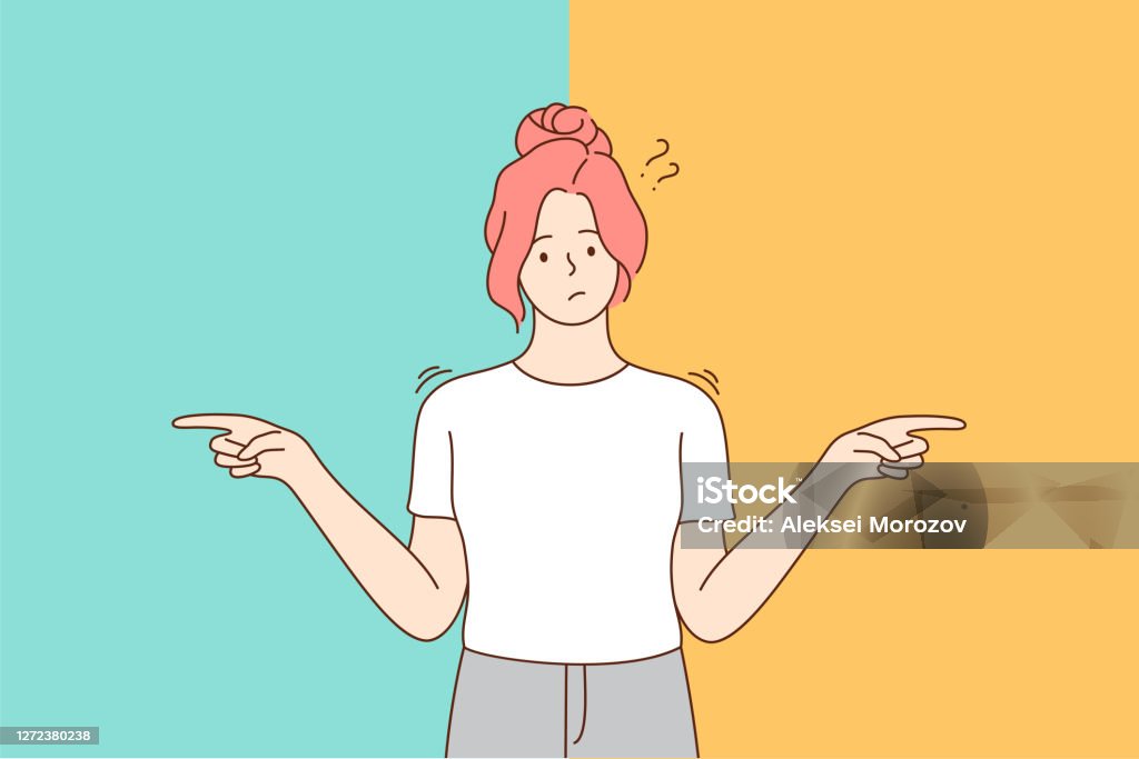 Choice, thinking, doubt, problem concept Choice, thinking, doubt, problem concept. Young pensive thoughtful confused doubtful woman girl cartoon character standing and choosing between two colors or ways pointing in other sides illustration. Choice stock vector