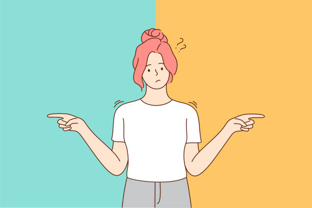 Choice, thinking, doubt, problem concept Choice, thinking, doubt, problem concept. Young pensive thoughtful confused doubtful woman girl cartoon character standing and choosing between two colors or ways pointing in other sides illustration. cartoon of conclusion stock illustrations
