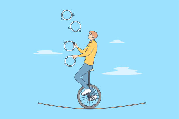ilustrações de stock, clip art, desenhos animados e ícones de perfomance, sport, art, acrobatics, air concept - unicycling unicycle cartoon balance