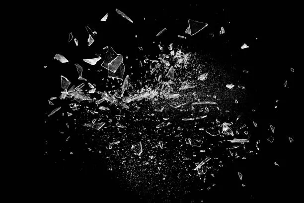 Broken glass on the black background. Texture of broken glass. Isolated realistic cracked glass effect. Template for design. 3D rendering
