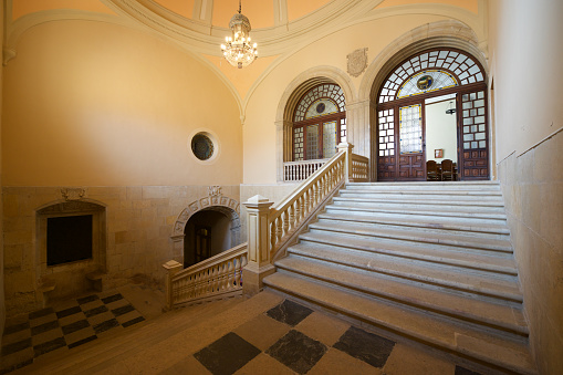 Stairs with lights in the room