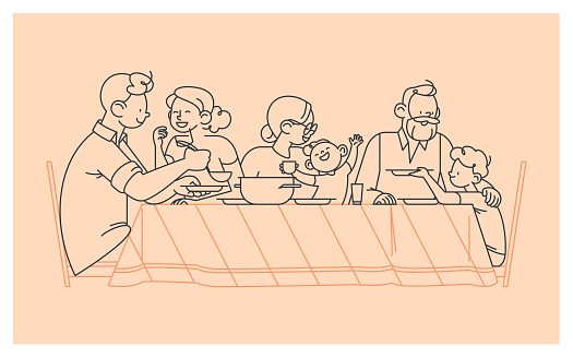 Family at the table portrait. Happy parents, grandparents and children having dinner together, chatting, hug each other  isolated on white background. Outline vector illustration. Line art.