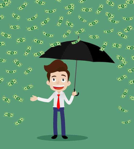 illustrations, cliparts, dessins animés et icônes de homme d’affaires retenant un parapluie et tendant la main pour toucher la pluie de l’argent - security umbrella rain currency