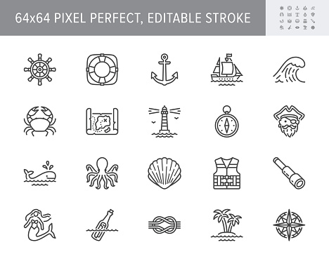 Marine line icons. Vector illustration included icon as anchor, sea wave, message in a bottle, rope, sailor, lighthouse, wheel, pirate outline pictogram of ocean. 64x64 Pixel Perfect Editable Stroke.
