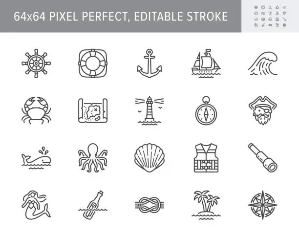 Vector illustration of Marine line icons. Vector illustration included icon as anchor, sea wave, message in a bottle, rope, sailor, lighthouse, wheel, pirate outline pictogram of ocean. 64x64 Pixel Perfect Editable Stroke