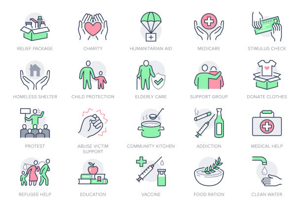 Charity, social worker line icons. Vector illustration included icon as donate food, humanitarian aid, pantry, homeless shelter outline pictogram for volunteer. Green, red color, Editable Stroke Charity, social worker line icons. Vector illustration included icon as donate food, humanitarian aid, pantry, homeless shelter outline pictogram for volunteer. Green, red color, Editable Stroke. tramp home stock illustrations