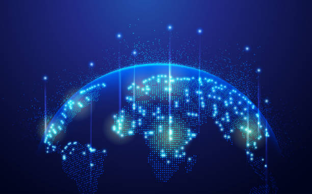globalNetwork concept of communication technology or global network, graphic of dotted world map with futuristic element big tech stock illustrations