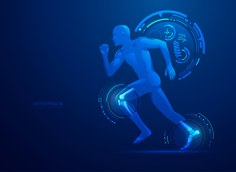 concept of orthopedic medical technology, graphic of a man running with skeleton x-ray scan