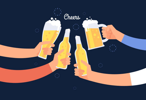 ilustraciones, imágenes clip art, dibujos animados e iconos de stock de manos de ánimo. gente alegre clinking botella de cerveza y vasos. feliz fondo vectorial de vacaciones de bebida - clunking