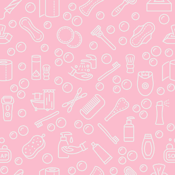 ilustrações de stock, clip art, desenhos animados e ícones de seamless pattern with vector line flat icon. personal hygiene products. pink background color and white symbols. womens and mens individual hygiene items - self lov