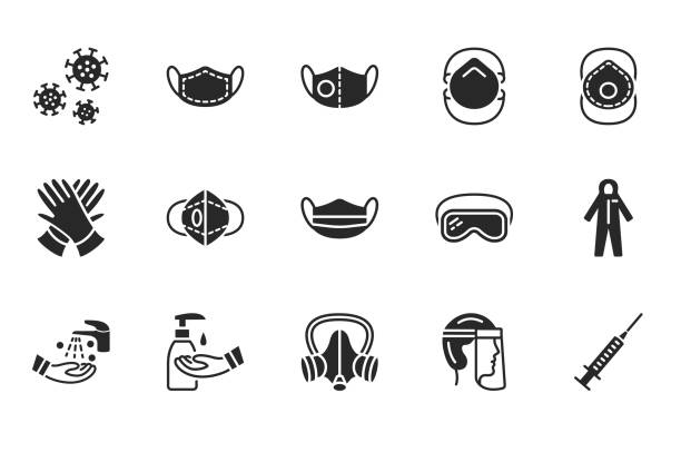 ilustrações de stock, clip art, desenhos animados e ícones de covid-19 protection equipment and clothing glyph icon. various types of protective masks and respirators and gloves,goggles, medical suit, face shield. black silhouette. - self lov