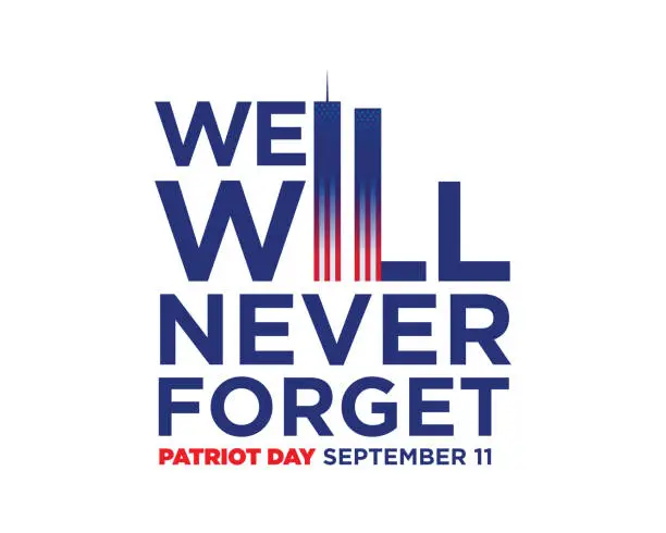 Vector illustration of Patriot Day Vector illustration, 911 Remembrance, USA flag waving on blue background. stock illustration