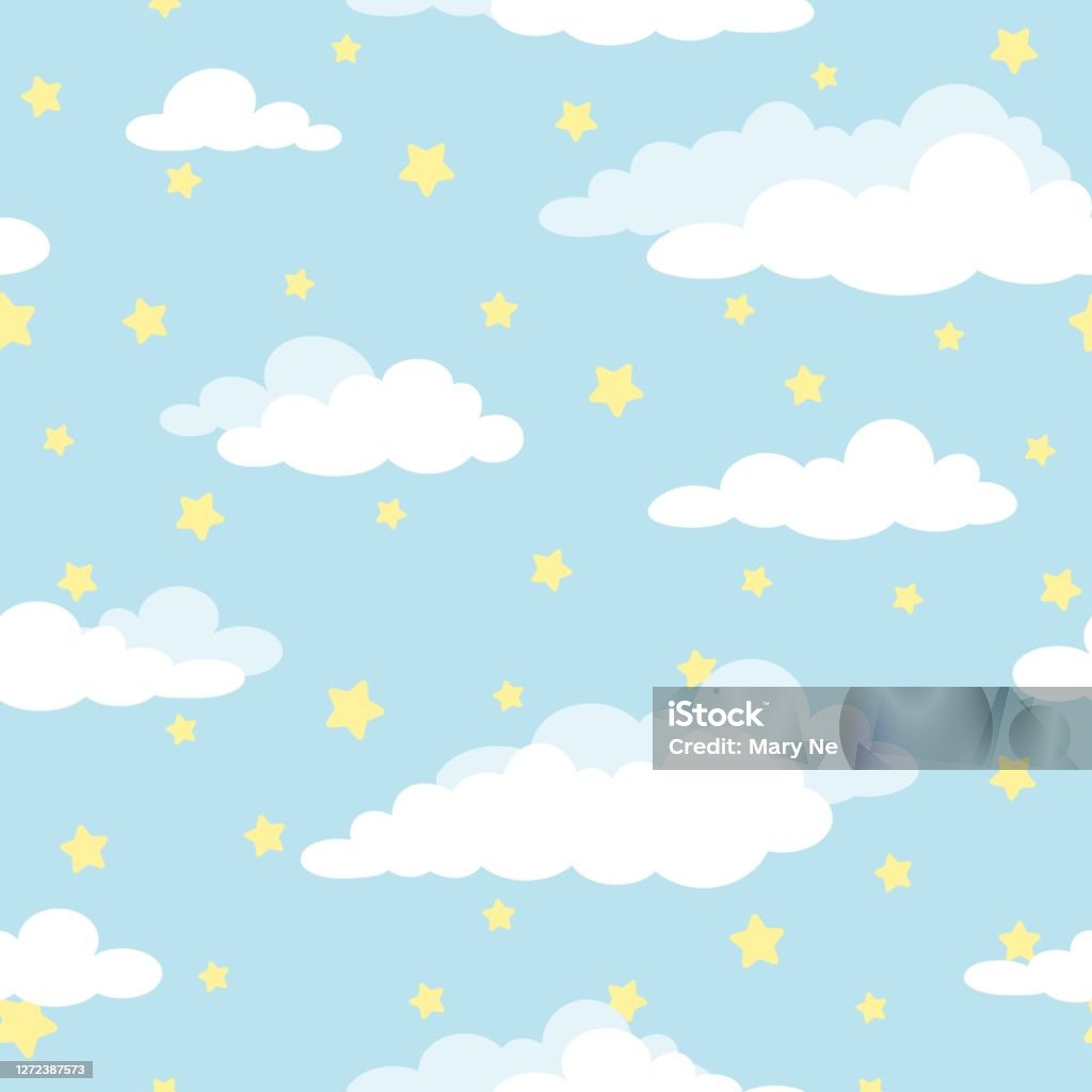 Seamless Cartoon Background With White Clouds And Golden Stars On Turquoise  Sky Stock Illustration - Download Image Now - iStock