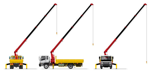 truck with crane VECTOR EPS10 - flatbed truck with mounted crane lifting and expand arm, side view, front and back view, isolated on white background. crane truck stock illustrations