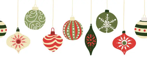 Vector illustration of Christmas baubles seamless vector border. Repeating banner background with hanging Christmas ornament garland red and green. Use for holiday greeting card decor, letterhead, banners, fabric trim