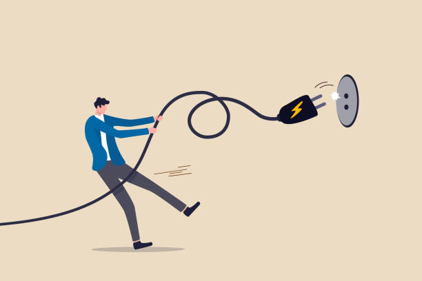 ilustrações de stock, clip art, desenhos animados e ícones de electricity saving, ecology awareness or reduce electric cost and expense concept, man pulling electric cord to unplug to save money or for ecology power. - save costs