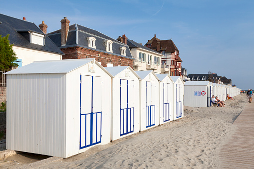 Le Crotoy, France - September 11 2020: Beach cabins along the promenade.