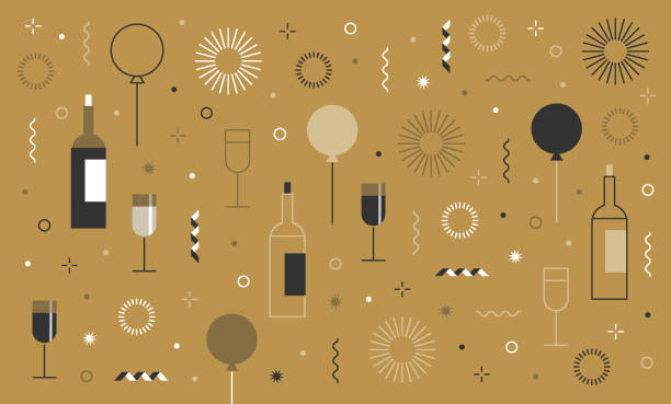 neujahrsparty festlichen geburtstag hintergrund und icon-set - champagnerglas stock-grafiken, -clipart, -cartoons und -symbole